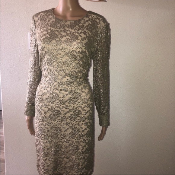 Ralph Lauren Long Sleeve Lace Dress in Cream and Brown - Picture 1 of 9
